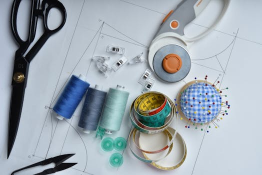 Matériel de couture avec ciseaux, fils colorés, épingles et outils sur un plan de patron. Accessoires faits main.
