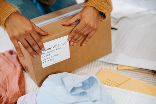Femme ouvrant un colis en carton avec des vêtements et des enveloppes autour, illustrant les commandes de couture.